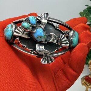 Stunning Native American Navajo Heavy Sterling Turquoise Frog Cuff Bracelet Rare